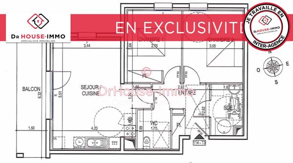 Appartement à vendre 3 pièces de 57 m²