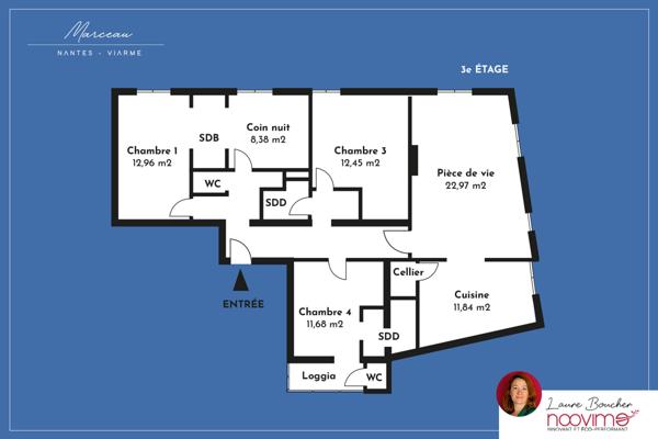 Place Viarme, appartement 5 pièces de 110 m2, 3 chambres, 1 bureau