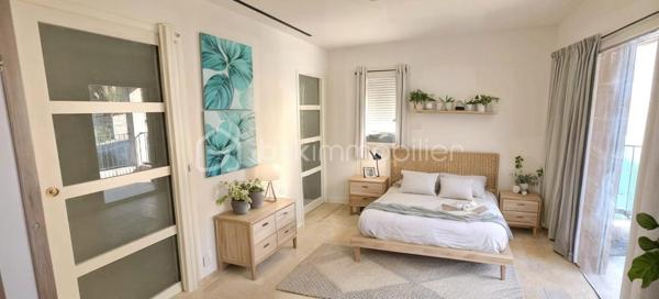 À vendre, belle villa de 97 m2 sur un terrain de 342 m2, offrant trois chambres avec salles d'eau privatives et terrasses, un salon lumineux, une salle à manger, une cuisine américaine, un garage fermé et une piscine. 
Certaines photos sont des simulations d'aménagement (home staging virtuel)