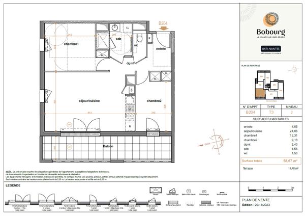 Vente appartement 3 pièce(s) 55 m²
