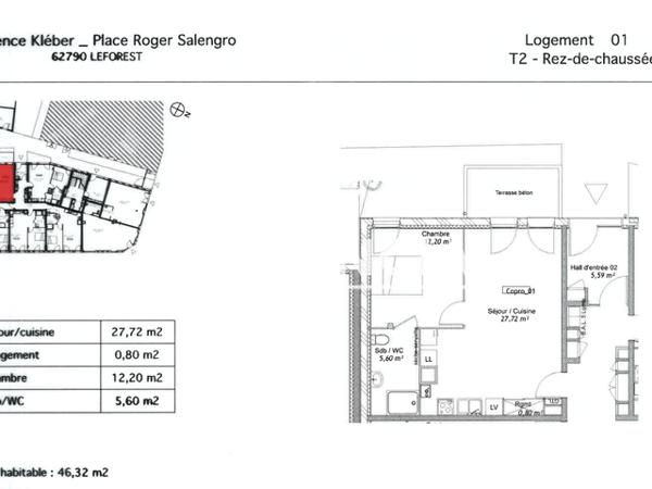 Location Appartement 2 pièces 46.32 m² - Leforest 62790