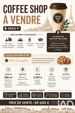 Restauration rapide à vendre 100 m² Paris 9