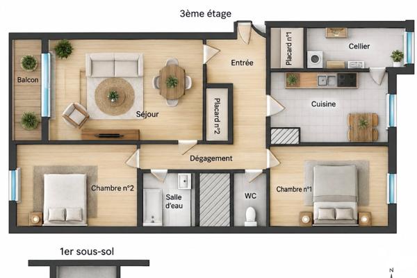 TOURS - RUE AUGUSTE CHEVALLIER - APPARTEMENT T3 TRAVERSANT AVEC BALCON ET CAVE