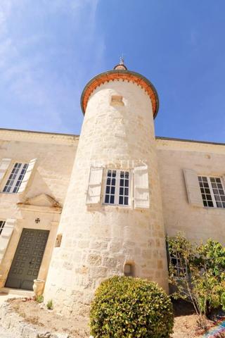 Château avec une tour et une maison d’ami, entouré de jardins faciles à entretenir