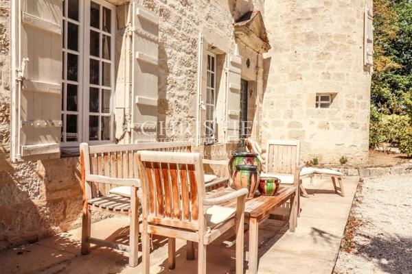 Château avec une tour et une maison d’ami, entouré de jardins faciles à entretenir