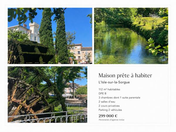 L'Isle-sur-la-Sorgue — Maison contemporaine où l'on pose ses valises, 2 cours (terrasses) privatives, parking A moins de 3 kms du centre historique de l'Isle sur la Sorgue , cette maison de 112 m² conjugue ce que beaucoup recherchent aujourd’hui : du charme, de la lumière, des extérieurs, du stationnement .