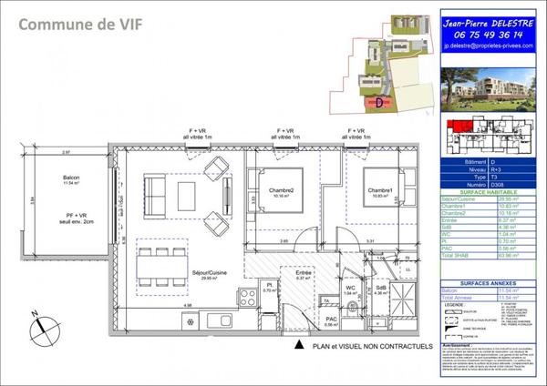 APPARTEMENT 3 PIECES avec balcon Box et parking privatif à VIF