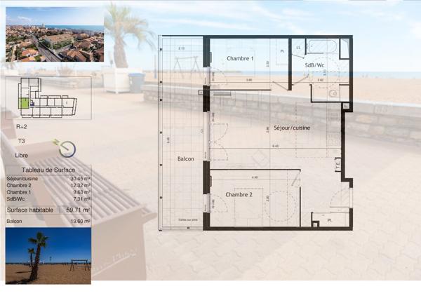 À 150 m de la plage. T3 lumineux de près de 60 m², avec 2 parkings