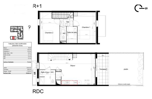 Maison 72 m², Jardin plein Sud, 2 chambres, Stationnement privatif