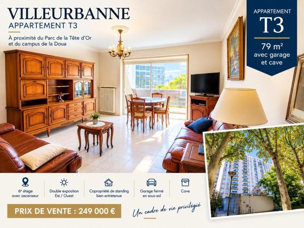 VILLEURBANNE – TONKIN / PARC DE LA TÊTE D’OR – APPARTEMENT T3 av. Ascenseur - GARAGE ET CAVE