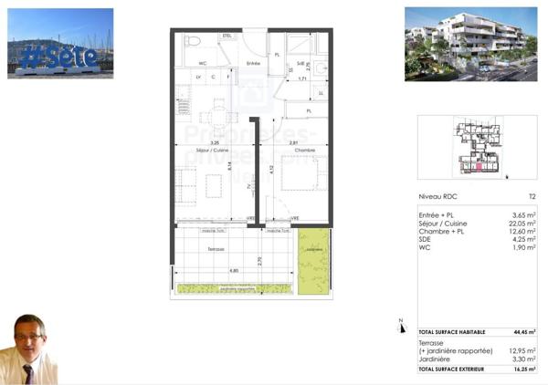 Corniche de Sète. T2 de standing, Terrasse plus jardinière 13 m² Sud, Bord de Mer