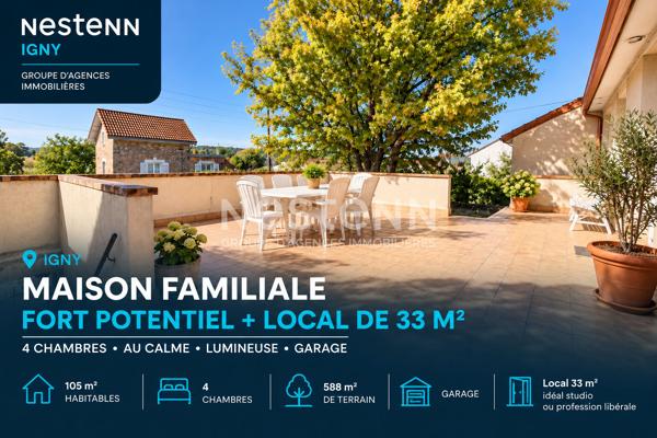 Nestenn Igny  - Maison de 105 m² , 4 chambres - secteur recherché sur Igny - jardin clos - garage - dépendance à aménager -  proximité des écoles, commerces et transports - Axes routiers N118/A6/A10