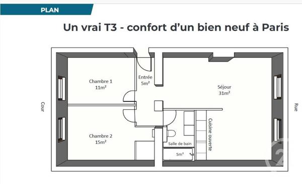 Appartement à vendre  4 pièces - 63,60 m2 PARIS - 75014