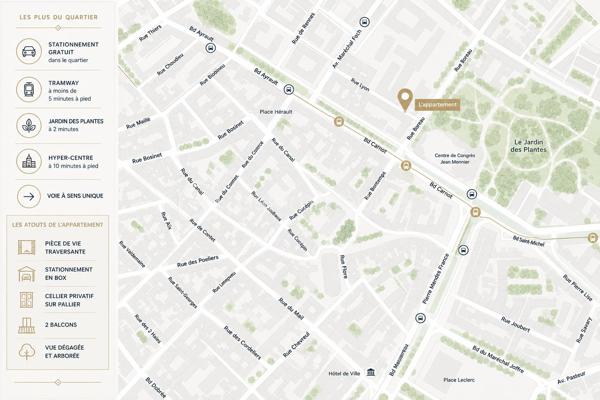 Idéalement situé entre la Place Ney et le Jardin des Plantes, au cœur d'Angers, dans un environnement CALME et VERDOYANT, à moins de 5 minutes du tramway et 10 minutes de l'hypercentre, découvrez ce bel appartement offrant un cadre de vie privilégié où tout se fait à pied.

Situé au sein d'une résidence de 2007, parfaitement entretenue sans travaux à prévoir, cet appartement séduit dès l'entrée par sa luminosité traversante, ses beaux volumes et sa vue dégagée.

Vous découvrirez une véritable entrée de 7 m² avec placard, ouvrant sur une agréable PIECE DE VIE TRAVERSANTE de 35 m² comprenant salon, séjour et cuisine. 
Avec sa double exposition, cet espace se prolonge sur deux balcons sans vis-à-vis, offrant une vue dégagée et arborée.

L'espace nuit, indépendant, se compose de deux CHAMBRES SPACIEUSES de 12,5 m² et 13 m², toutes deux équipées de placards intégrés, d'une salle de bains et de WC séparés. Les chambres donnent sur l'espace arboré de la résidence.

Côté confort, vous bénéficierez d'un chauffage individuel, d'une bonne isolation thermique et acoustique, d'un CELLIER privatif de 4 m² sur le palier, ainsi que d'un GARAGE en sous-sol avec porte motorisée, un véritable atout en centre-ville.

Pourquoi vous allez l'apprécier :

Un emplacement idéal arboré - permettant de tout faire à pied.
Une résidence calme et parfaitement entretenue, sans travaux.
Une DISTRIBUTION FONCTIONNELLE séparant les espaces de vie et l'espace nuit.
Une DOUBLE EXPOSITION apportant une luminosité naturelle tout au long de la journée.
Des prestations RARES en centre-ville : 2 BALCONS, un GARAGE fermé et un CELLIER privatif.

Un appartement rare sur le secteur, offrant un équilibre idéal entre confort, luminosité, calme et vie citadine.

Contactez-moi pour recevoir la fiche de présentation du bien et organiser une visite !