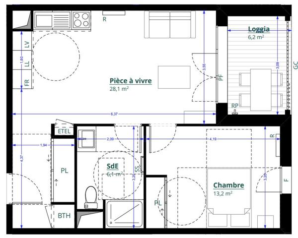 Appartement T2 au premier et dernier étage avec terrasse et parking sécurisé