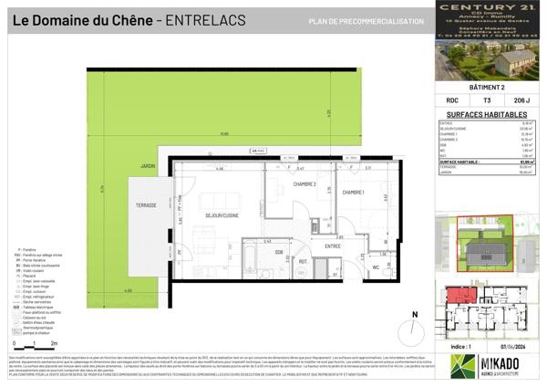 Appartement T2 à vendre  3 pièces - 61,89 m 2   ENTRELACS  - 73