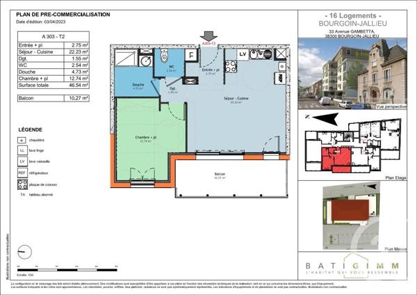 Appartement T2 à vendre  2 pièces - 46,54 m2 BOURGOIN JALLIEU - 38