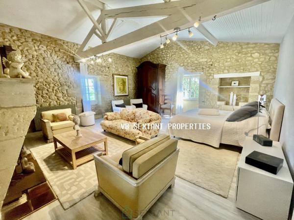 Entre-Deux-Mers, 30mn de Bordeaux, propriété 1,2 hectare, maison de charme avec piscine et vue dominante.