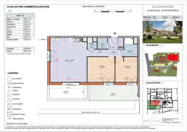 appartement à vendre 3 pièces - 67,07 m2 ESTRABLIN - 38