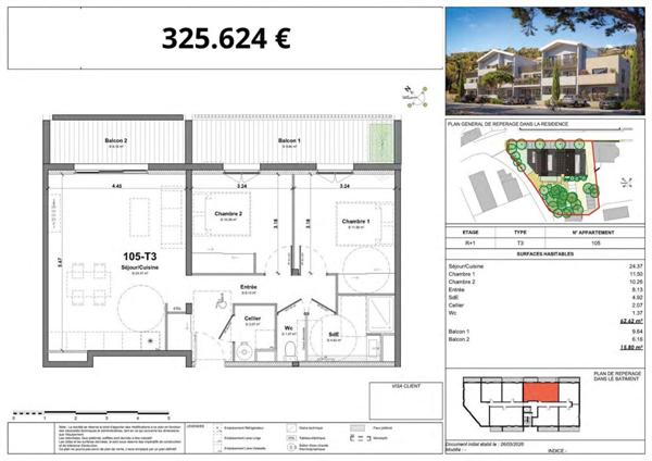 Appartement  3 pièce(s) 62.62 m2 -2 BALCONS