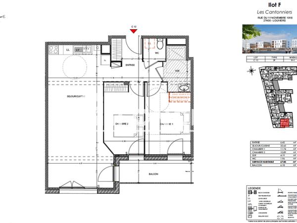 Location Appartement 3 pièces 67.85 m² - Louviers 27400