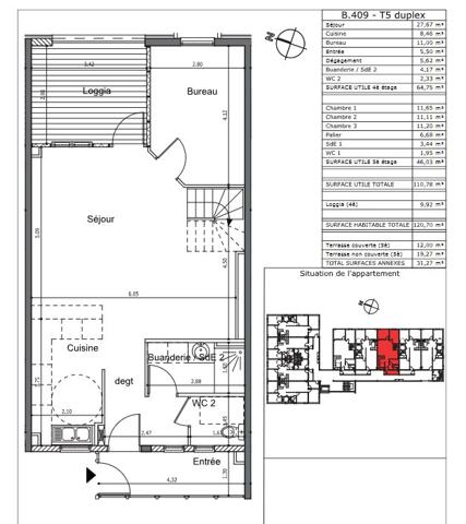 Appartement t5 Duplex Secteur Etang Abricot Superficie 110 m2 terrasse 41 m2