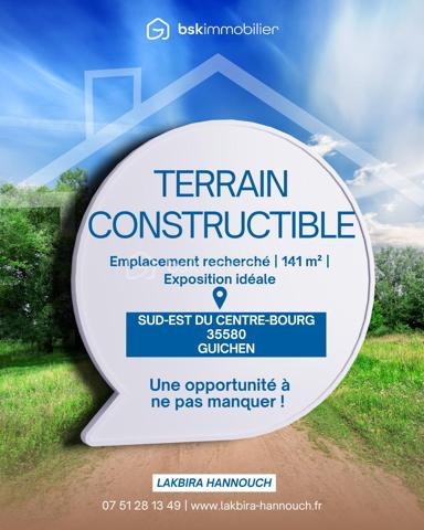 Vous recherchez un terrain pour réaliser votre projet de construction à proximité de Rennes ? Découvrez cette parcelle de 141 m² située à Guichen, issue d'une division de propriété.

📐 Caractéristiques :

Terrain à bâtir d'environ 141 m²
Parcelle issue d'une division de propriété
Accès à la parcelle depuis la rue à aménager. "Un accès est actuellement autorisé par les propriétaires concernés pour permettre les visites".
Viabilisation à prévoir
Travaux de voirie actuellement en cours dans la rue
Réseaux en cours d'enfouissement
Projet de construction à définir selon les règles d'urbanisme en vigueur
Parcelle offrant un potentiel pour un projet de maison individuelle
⸻
📍 À proximité :

🛣️ À 5 minutes de l’accès à la voie rapide D177
📍 À 25 minutes de Rennes
🛍️ Proche des commerces et services de Guichen
🚘 Accès rapide aux principaux axes routiers
🏫 Écoles et services du quotidien à proximité
⸻
🌿 Le projet :

Cette petite parcelle peut notamment convenir à un projet de maison compacte sur deux niveaux, permettant d'optimiser la surface disponible.
Une projection réalisée à titre indicatif permet d'imaginer une maison contemporaine avec une emprise au sol optimisée, un garage et des espaces de stationnement.
La faisabilité exacte du projet reste soumise aux règles d'urbanisme applicables à la parcelle et aux autorisations nécessaires.
⸻
🏠 Contact :

Pour plus d'informations sur la parcelle, son environnement ou pour organiser une visite, contactez-moi dès maintenant !
À visiter sans tarder.
Une conseillère disponible 7/7.