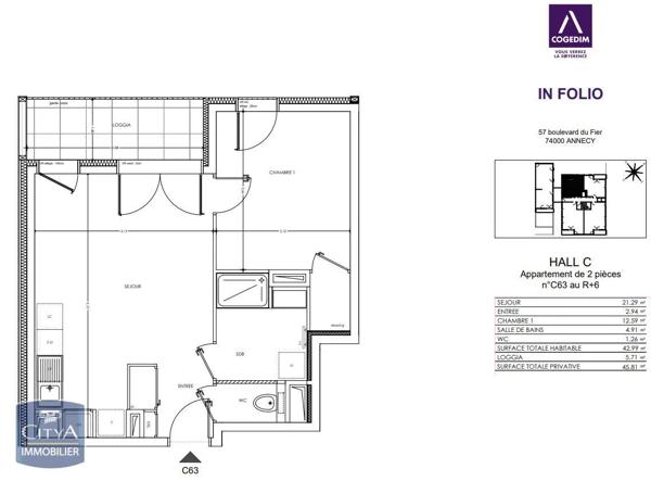Appartement à louer 2 pièces 42.99m² Annecy (74000)