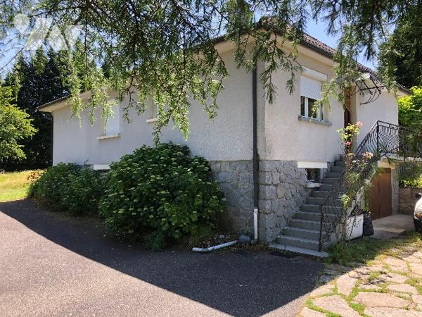 Une maison en pierres, jardin autour avec un abri de jardin et deux garages non attenants.