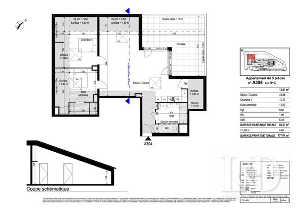 Grand T3 avec terrasse de 29 m² au dernier étage