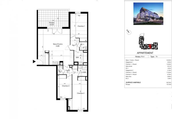 T4 90 m² quatrième étage avec terrasse 15 m², Béziers (Avenue du Président Wilson)
