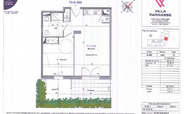 Appartement T2 de 43.13m² avec terrasse + stationnement - Centre ville TREILLIERES