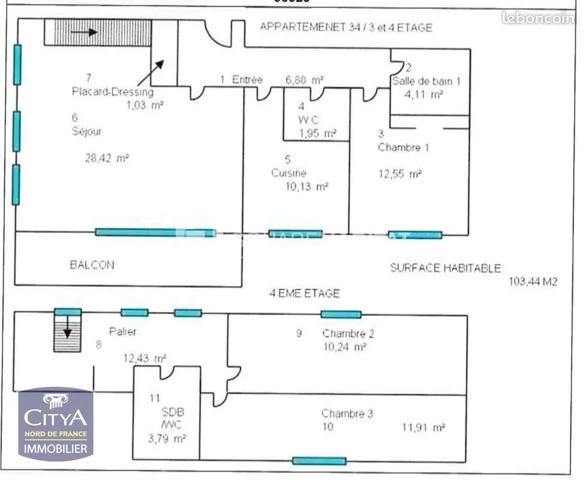 Appartement à louer 4 pièces 104m² Marcq-en-Barœul (59700)