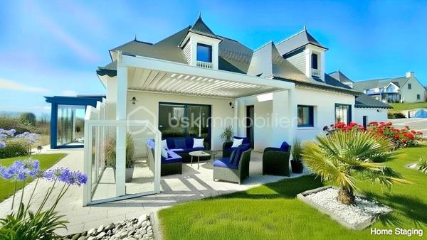 BSK immobilier, Marie-Thérèse VALLADON a le plaisir de vous présenter en Exclusivité cette Très Belle Maison d'Architecte à 3 km de PLÉNEUF-VAL-ANDRÉ, dans un environnement privilégié, cette propriété offre un cadre de vie exceptionnel.
 
À seulement quelques centaines de mètres de la plage, dans un secteur du littoral préservé où toute nouvelle construction est désormais interdite, cette propriété de haut standing, très calme, est accessible par allée privée. 
Équipée PMR, elle développe 223 m2 habitables - DPE A* - sur une parcelle paysagée entièrement close de 989 m2. Avec son doux jardin et la Vue sur la Mer, la pierre naturelle, le parquet Merbau chêne massif, la pergola, la véranda bio-climatique et les nombreuses pièces lumineuses à grands volumes, la propriété est un havre de paix.

Dès l’entrée, le hall accueillant mène vers les pièces de réceptions. 
Un vaste espace de 60 m2 composé du séjour-salon et d'une cuisine américaine de style s'ouvre, au Sud sur une pergola et à l'Ouest sur une véranda bio-climatique, par de grandes baies donnant sur le jardin.
La suite parentale spacieuse offre le confort d'une grande chambre de 17 m2 et d'une salle de bains équipée baignoire Balnéo et douche.
À ce niveau se trouve également un toilette avec lave-mains, une arrière-cuisine, un cellier-buanderie, un double garage motorisé, ainsi que des espaces supplémentaires de rangement.

À l'étage, la maison déploie son caractère unique. 
Une salle de détente d'environ 40 m2 en mezzanine, bénéficie d'une haute luminosité et d'une vue magnifique sur la mer. 
Deux chambres dont une avec dressing, une salle d'eau avec wc, et un atelier d'artiste transformable en suite parentale, salle de sport ou autres, selon les besoins des futurs propriétaires.

À l'extérieur, les aménagements paysagers ont été soigneusement réalisés tout en préservant l'intimité des lieux, pour profiter pleinement d'un jardin aux tons frais et fleuris qui invite au bord de mer.

Cette propriété sécurisée, aux options technologiques avancées, demande très peu d'entretien. 
À proximité des principaux axes de circulations, de Lamballe-Armor et de sa gare TGV reliant Paris en 2 h 15 environ, elle se trouve idéale pour une clientèle souhaitant le télétravail, une résidence secondaire, ou encore l'installation paisible pour une retraite des plus agréables au cœur d'un environnement privilégié, à proximité de toutes commodités, où l'horizon offre une palette de bleus incomparables.

À 5 mn du PORT DAHOUËT, aux pieds des petites criques de la Bretagne et du sentier GR34, non loin des plages de sable fin, de l'un des plus beaux parcours de Golf de France et des commerces accessibles rapidement, ce cadre de vie d'exception allie esprit contemporain et poésie du paysage marin Breton.

Un lieu où tout a été pensé de la lumière à l'espace, pour l'appréciation de la mer vu de chez soi.  Une maison rare, prête à accueillir une nouvelle histoire, dans l'un des secteurs les plus prisés des Côtes d’Armor.

Commune limitophe de Pléneuf-Val-André, taxe foncière: 1310€

*DPE A en attente de validation suite à l'installation de la pompe à chaleur.


Pour visiter cette belle maison prenez dès à présent votre rendez-vous. 
Marie-Thérèse VALLADON - Tel : 07 49 72 89 43 - 22800 Quintin 
Disponible du lundi au samedi de 9 h à 12 h et de 13 h 30 à 19 h.


--