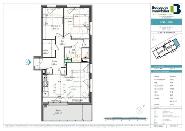 Appartement T3 à vendre  4 pièces - 65 m2 LAVAL - 53