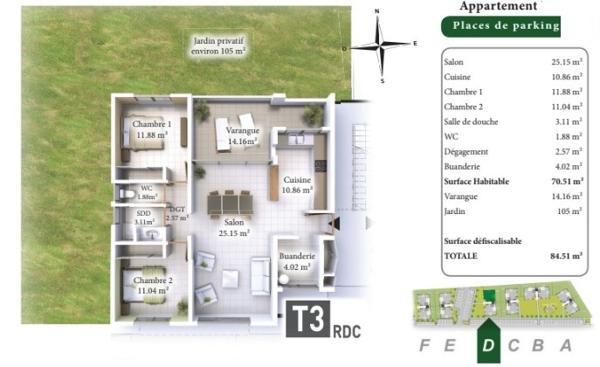 Appartement T3 Superficie 70 m2 avec 14m2 de terrasse et Jardin 105 m2