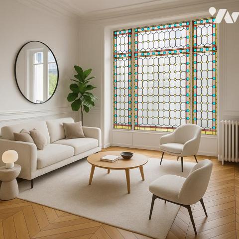 Appartement de charme sur cour arborée, vitrail d’époque, calme et élégance au cœur du 8ᵉ.