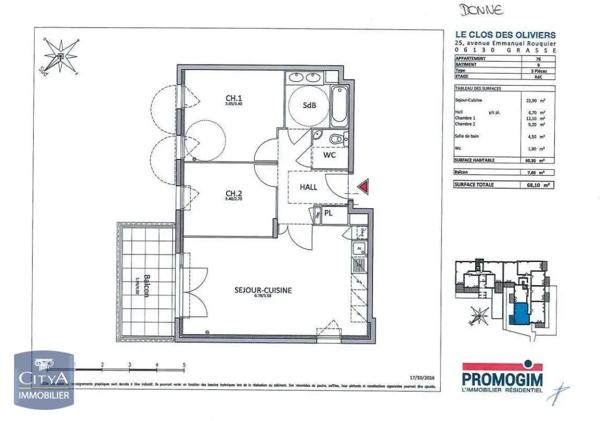 Appartement à louer 3 pièces 60.16m² Grasse (06130)
