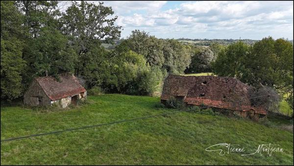 Ensemble immobilier en pierre à rénover, sans voisins, 3 hectares, bois, eau prés.