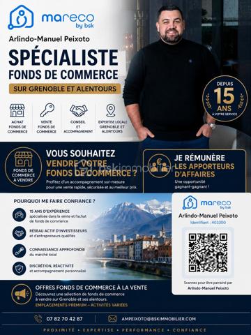 DROIT AU BAIL / FONDS DE COMMERCE
EMPLACEMENT PREMIUM – HYPER CENTRE GRENOBLE

Rare à la vente.

Situé sur un emplacement numéro 1 au cœur de Grenoble, ce local commercial bénéficie d’une excellente visibilité sur un axe très fréquenté et recherché du centre-ville.

Le bien comprend un espace commercial avec réserve ainsi qu’une cave en sous-sol, idéal pour une activité de prêt-à-porter, accessoires, chaussures, maroquinerie ou activité commerciale qualitative.

Points forts :

* Emplacement premium
* Très forte visibilité
* Axe passant et dynamique
* Belle vitrine commerciale
* Cave et réserves
* Bail commercial renouvelé
* Local exploitable immédiatement
* Possibilité de cession en droit au bail
* Pas de restauration possible

Activité actuelle autorisée au bail :
Prêt-à-porter, chaussures, maroquinerie, accessoires et articles de mode.

Évolution possible :
Possibilité d’évolution vers une activité tertiaire, agence immobilière, bureau ou activité médicale/libérale sous réserve d’acceptation du bailleur et validation de la destination du bail.

Conditions financières :

* Prix de vente : 66 000 € FAI
* Loyer annuel : 11 800 € HT HC
* Bail renouvelé jusqu’en 2030

Dossier complet et informations complémentaires sur demande.

Arlindo Peixoto
BSK Immobilier
07 82 70 42 87
AMpeixoto@bskimmobilier.com