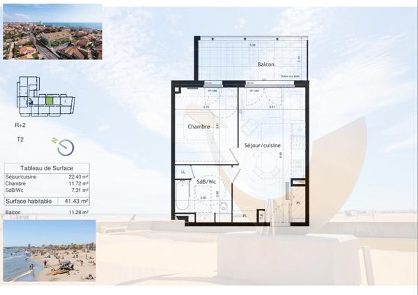 T2 lumineux de plus de 41 m², exposé Est, avec parking privatif, à 150 m de la plage