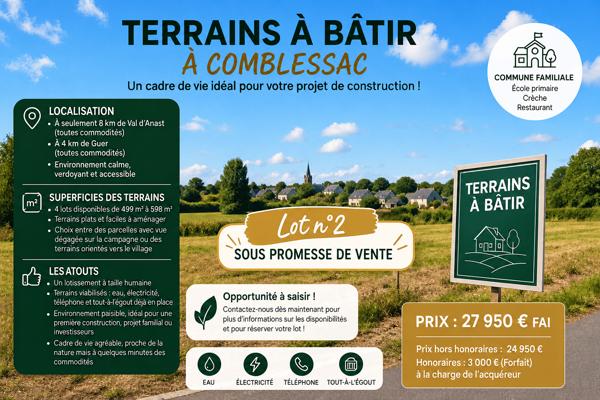 Terrain constructible viabilisé de 580 m² à Comblessac 35330