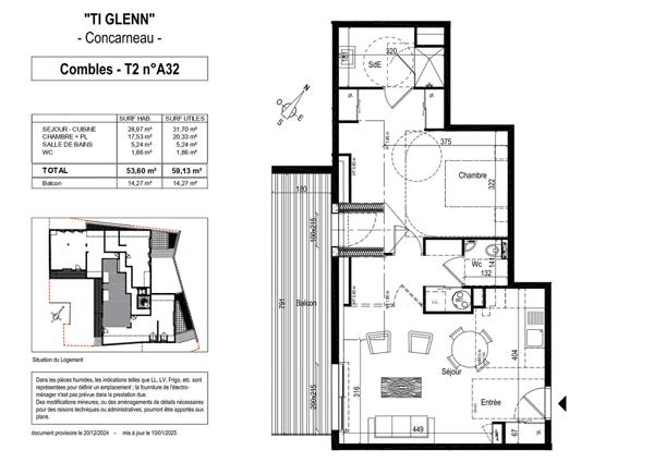 Résidence "TI GLENN" à vendre appartement 2 pièces de 53.60 m² au centre Ville de CONCARNEAU