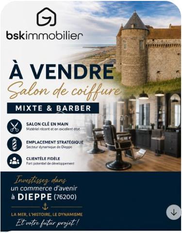 BSKIMMOBILIER vous propose, à la vente, ce fonds de commerce de coiffure mixte et barbier, sur les hauteurs de Dieppe, au cœur d’un quartier résidentiel, calme et dynamique (création de logements récents et à venir avec le chantier EPR 2 de PENLY).
Au bord d’une rue passante, à proximité d’autres commerces, des écoles-collège, des maisons de retraite et d’un centre médical, ce salon de coiffure bénéficie d’une très bonne visibilité et renommée. Il s’appuie sur une clientèle fidélisée et de qualité grâce à son environnement immédiat.

La surface commerciale, en très bon état, d’une superficie totale de 50m2 environ, est composée de la partie salon avec 5 postes de travail avec du mobilier très stylé « Collector » des années 1960  et du matériel professionnel récent, d’une zone d’attente, d’un toilette séparé et d’une petite pièce dédiée au repos du personnel et à la blanchisserie.
L’ espace intérieur a été soigné et aménagé pour créer une atmosphère chaleureuse et conviviale, favorisant une expérience agréable pour les clients.
L’affaire est très bien exploitée depuis 2015, avec un CA en constante augmentation et un EBE confortable. Elle est exploitable sans délai, aucun travaux à prévoir, et sans reprise de personnel.

Eléments techniques :
-	Bien non soumis au DPE.
-	Chauffage électrique (clim portable disponible)

Eléments financiers :
-	Loyer : 580 € HC, bail  3 / 6 / 9
-	Absence de charges de copropriété

Vous êtes intéressé par cette belle opportunité commerciale à saisir ?

Contactez-moi par téléphone au 06.89.96.20.74 pour plus d’informations et programmer une visite !
Pour obtenir les documents administratifs et financiers confidentiels, une demande devra être faite par mail, à mon attention à   c.leclerc@bskimmobilier.com,  doublée de la signature d’un engagement de confidentialité.