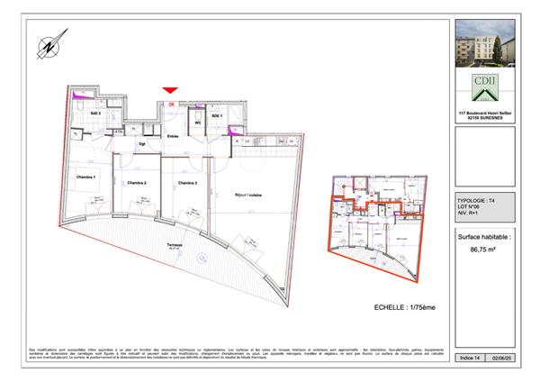 Appartement 4 pièces 86,75m2 avec balcon terrasse de 22m2