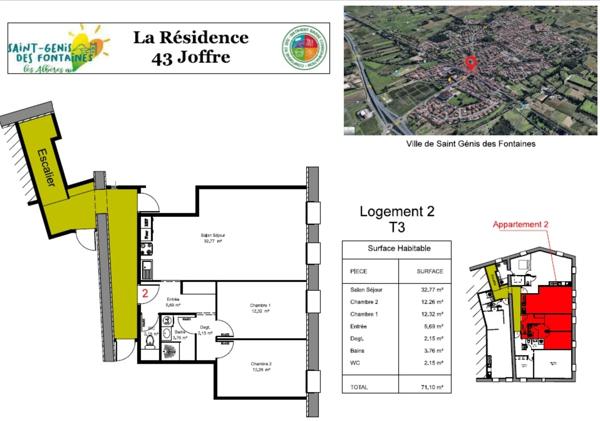 Appartement F3 à louer - 71,10 m² - Location à l’année – St Génis des Fontaines (Village)