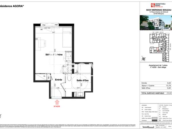 Location Studio 24.6 m² - 2 RUE BOILEAU Merignac 33700