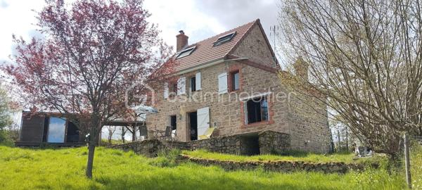 Charmante maison en pierre de 76m² dans environnement calme et verdoyant, dotée d'une jolie terrasse ensoleillée donnant sur le jardin , cave , dépendance 56m² style chalet bois avec baie vitrée et petite terrasse, idéal atelier + partie rangement et carport.
 Terrain en deux parties mais attenantes , un jardin arboré muni d'un puit , et un grand terrain de 5000m² juste au dessus en pré, orné de haies.
Côté maison vous trouverez une entrée ouverte sur une agréable pièce à vivre avec poêle à bois , une cuisine lumineuse avec cheminée le tout avec le charme et l'authenticité de l'ancien.
Au premier étage, un palier dessert une salle de bain avec baignoire , douche , double vasque ,WC puis, une chambre avec deux fenêtres donnant sur le jardin ainsi qu'un spacieux coin rangement avec fenêtre.
Au second un palier avec grand velux + deux petites pièces qui sont utilisées en chambres toutes deux avec velux et petites fenêtres , on peut, si on le souhaite en faire une grande chambre très lumineuse.
Les velux sont équipés de stores électriques.
Pour résumé, une maison idéale pour ceux qui recherchent , une vie paisible à la campagne tout en ayant les petits commerces à proximité.