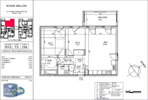 Appartement à louer 3 pièces 59.7m² Lyon 8e Arrondissement (69008)