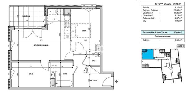 Appartement 3 pièces - 57 m²